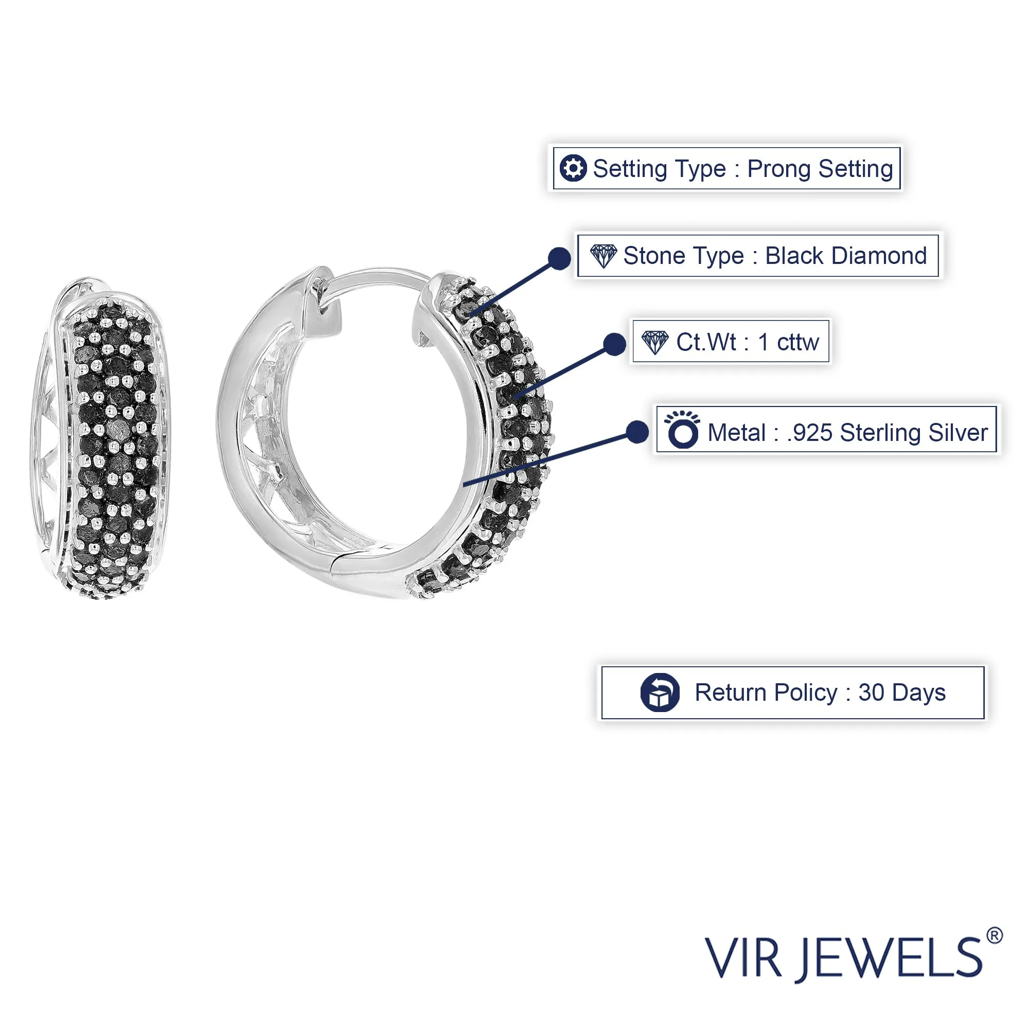 1 cttw Three Row Black Diamond Hoop Earrings in Sterling Silver