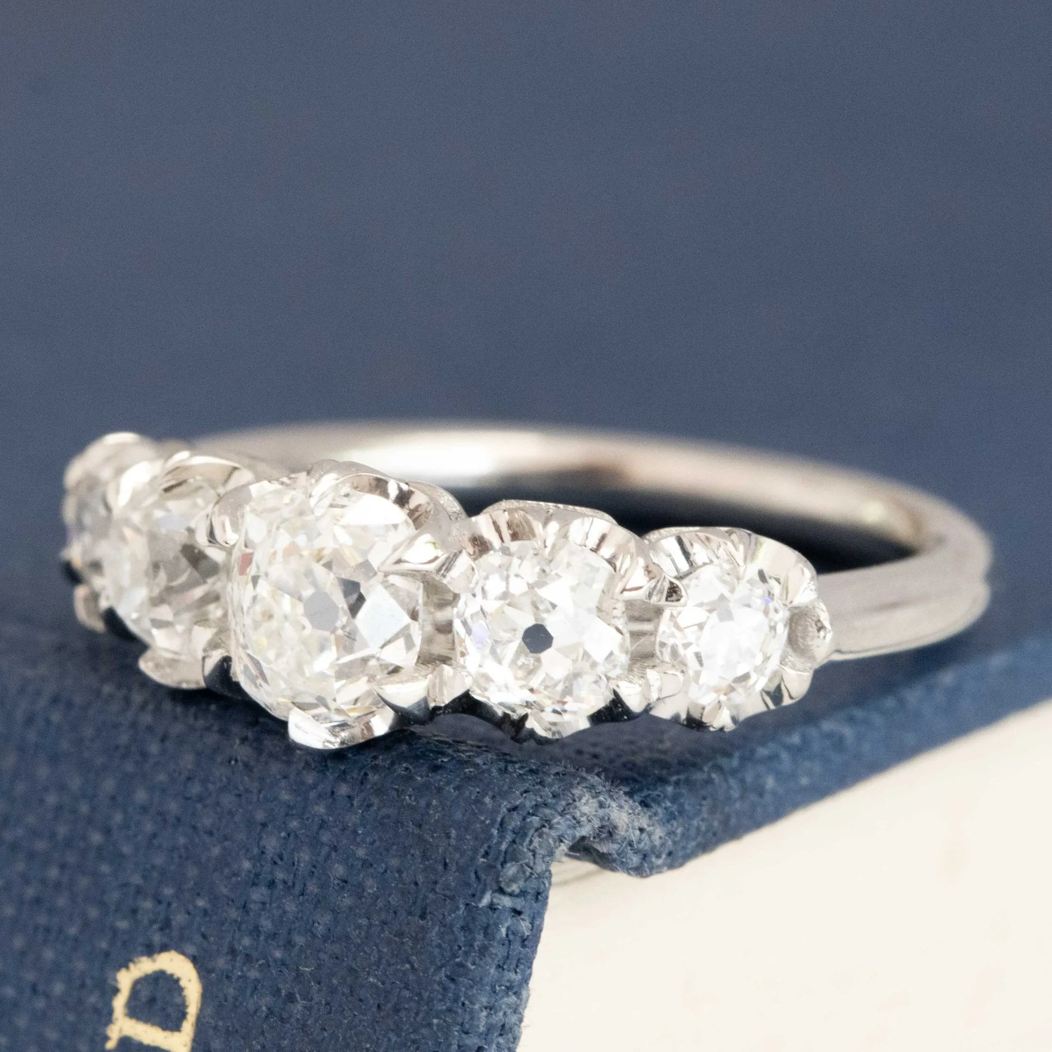 1.28ctw Old Mine Cut Diamond Graduated 5-Stone Half-hoop Band