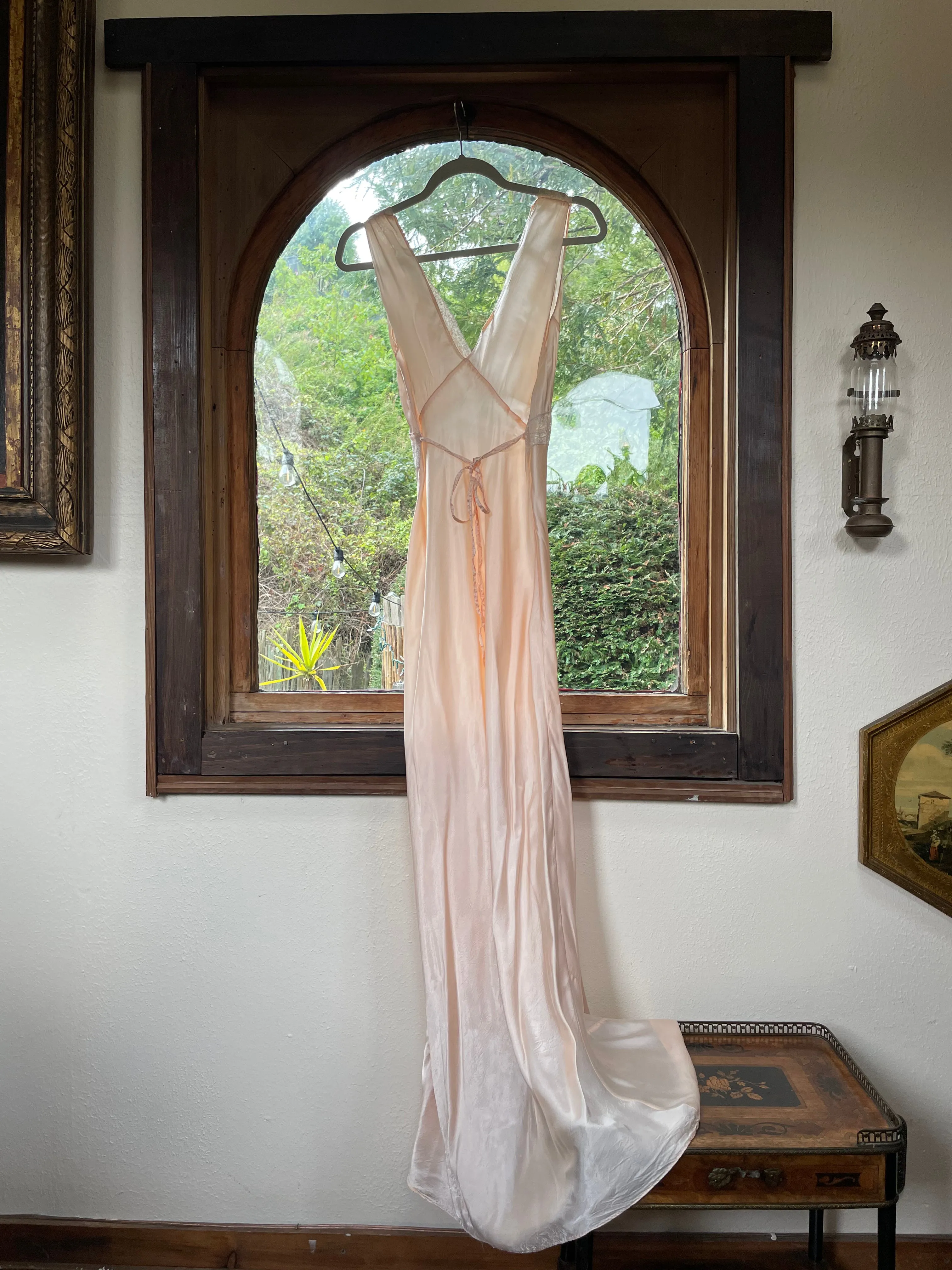 1940s Inset Lace Rayon Ballet Pink Bias Cut Slip Dress
