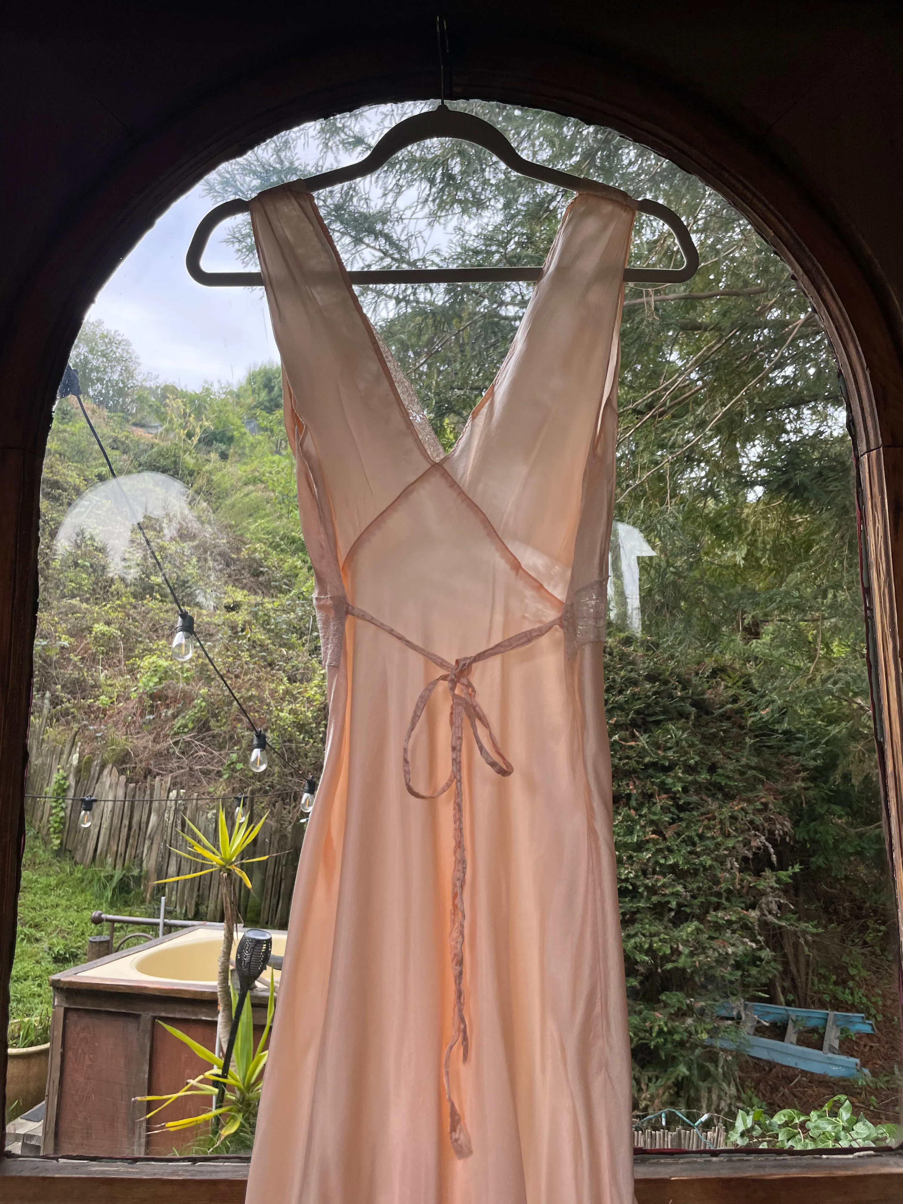 1940s Inset Lace Rayon Ballet Pink Bias Cut Slip Dress
