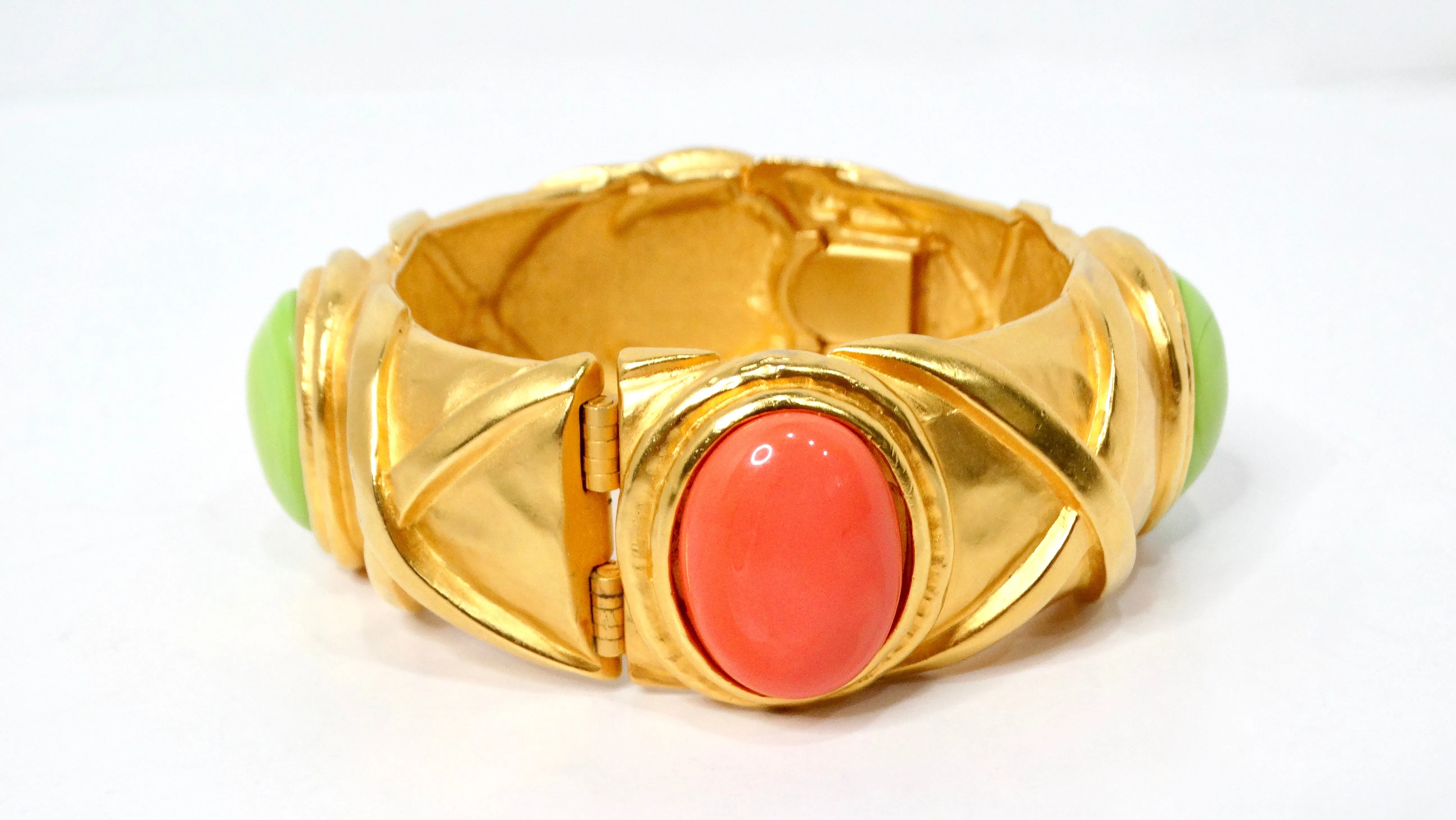 1980s Karl Lagerfeld 18k Gold Plated & Costume Stone Textured Cuff Bracelet