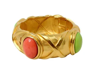 1980s Karl Lagerfeld 18k Gold Plated & Costume Stone Textured Cuff Bracelet
