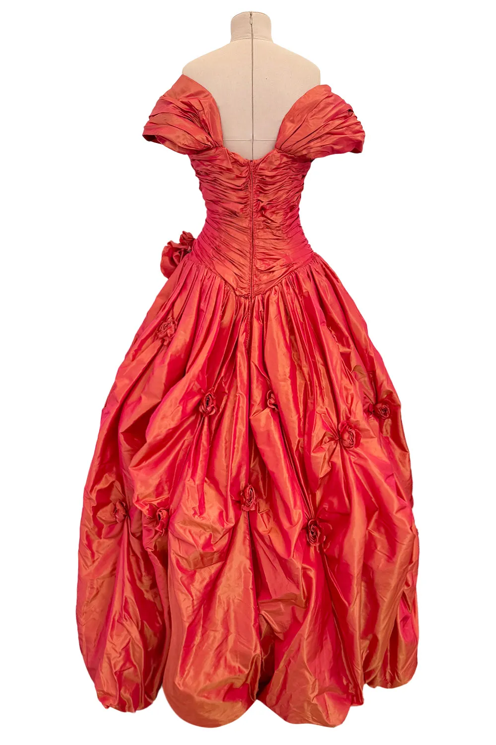 1989 Loris Azzaro Irridescent Coral Silk Taffeta Dress w Rosette Floral Detail