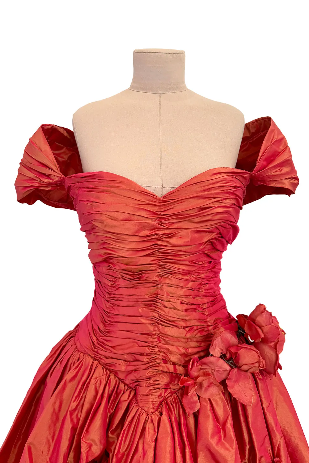 1989 Loris Azzaro Irridescent Coral Silk Taffeta Dress w Rosette Floral Detail
