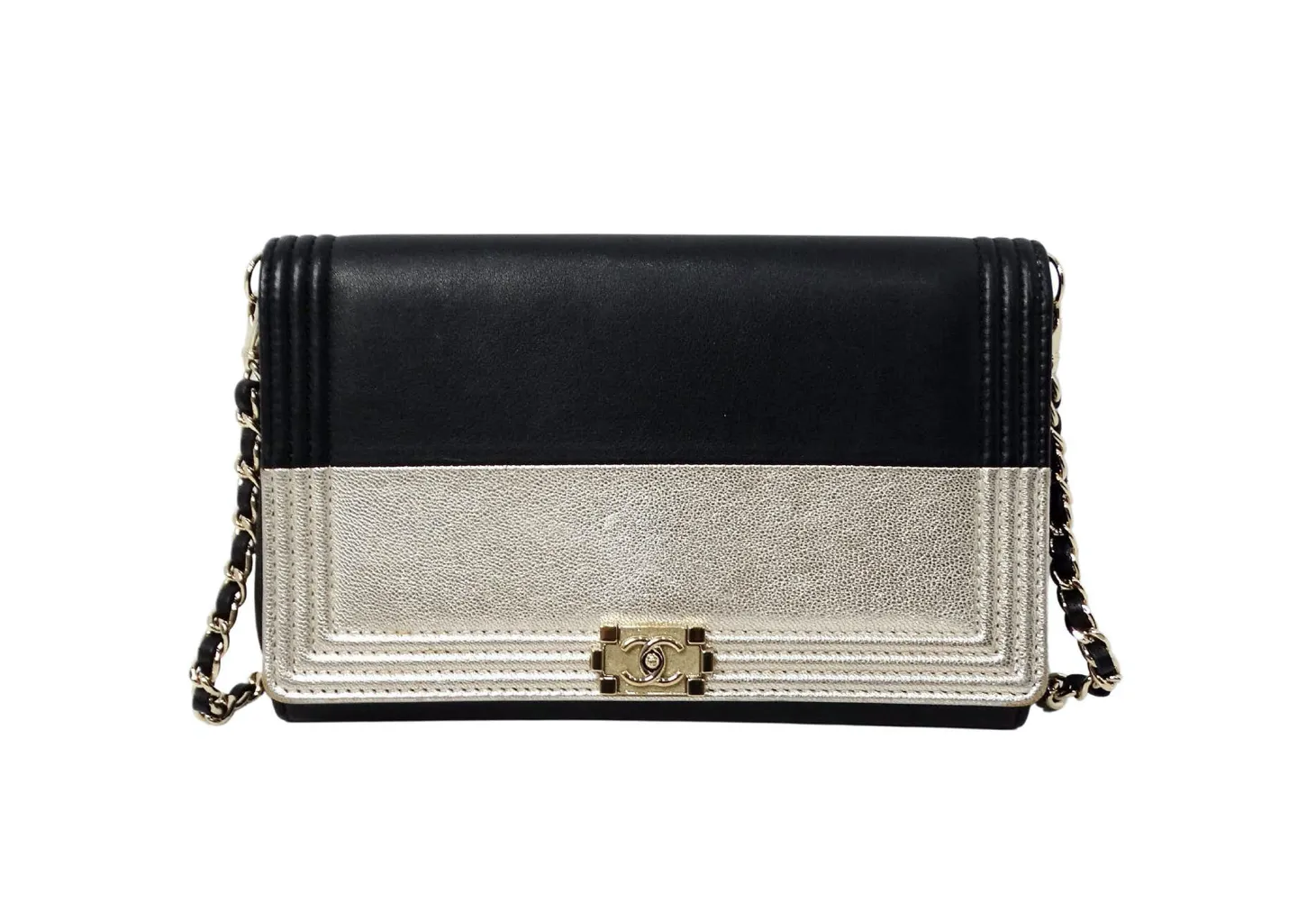 2015 Chanel Two-Toned Metallic Lambskin Boy Clutch With Chain