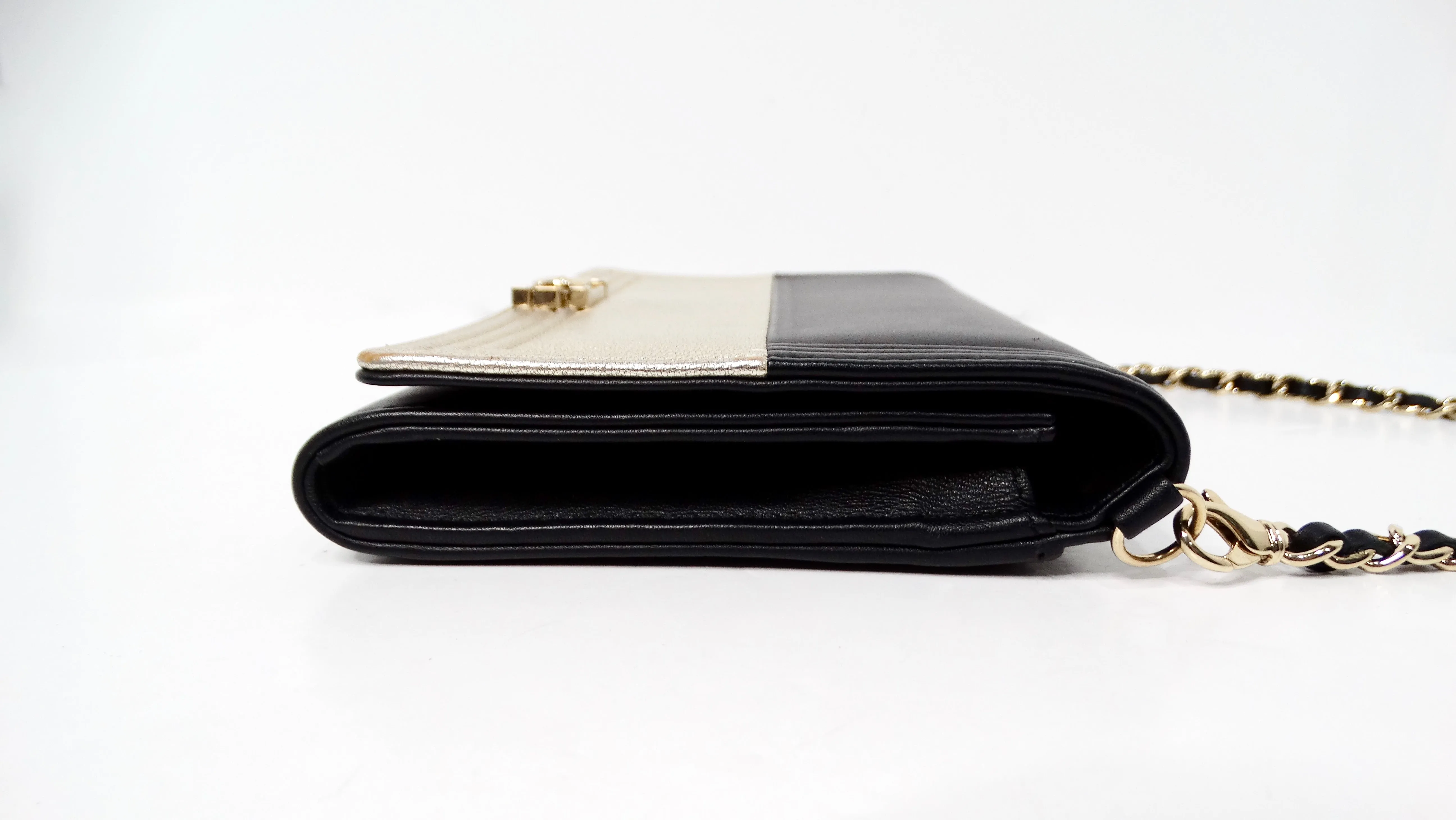 2015 Chanel Two-Toned Metallic Lambskin Boy Clutch With Chain