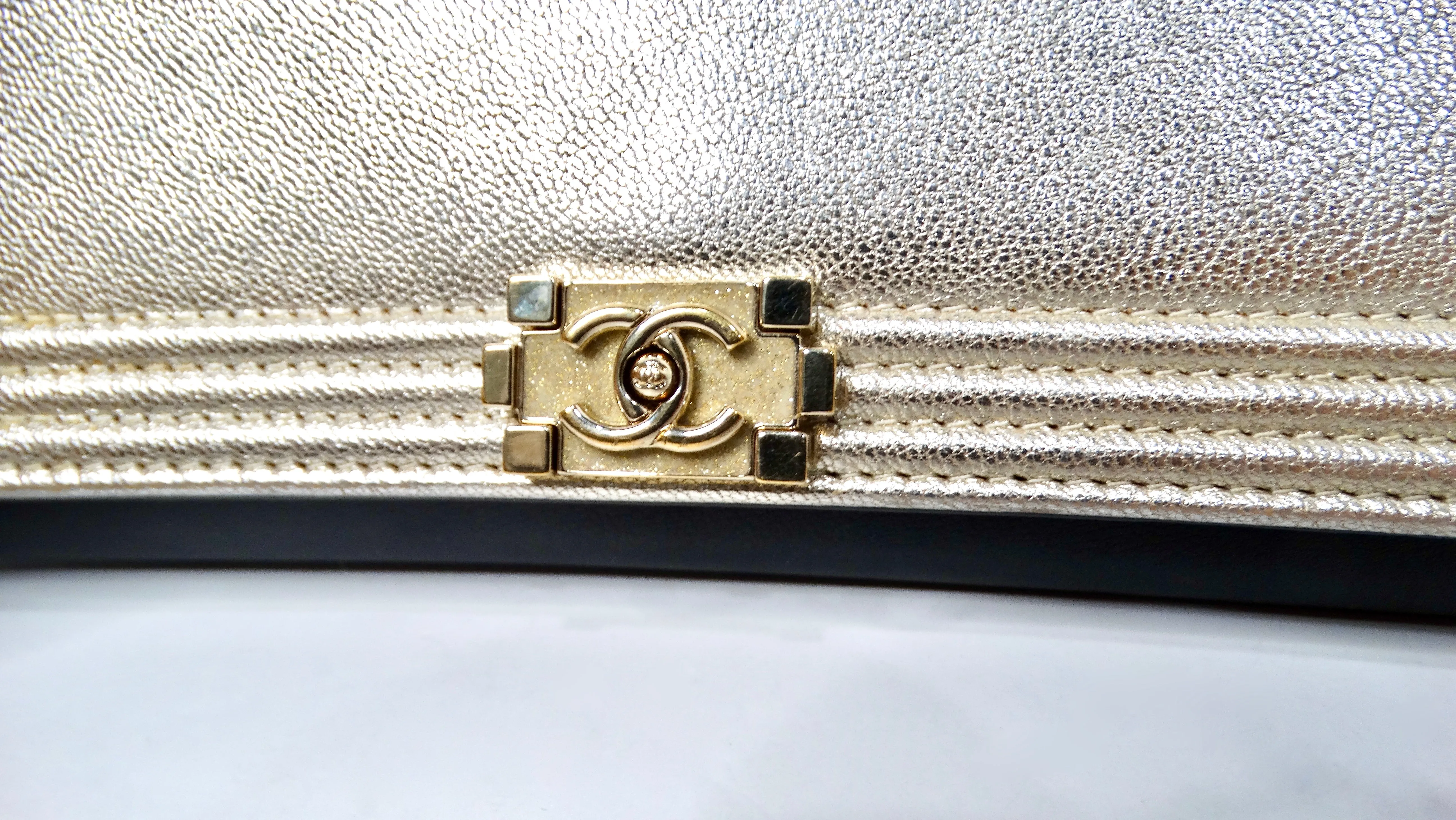 2015 Chanel Two-Toned Metallic Lambskin Boy Clutch With Chain