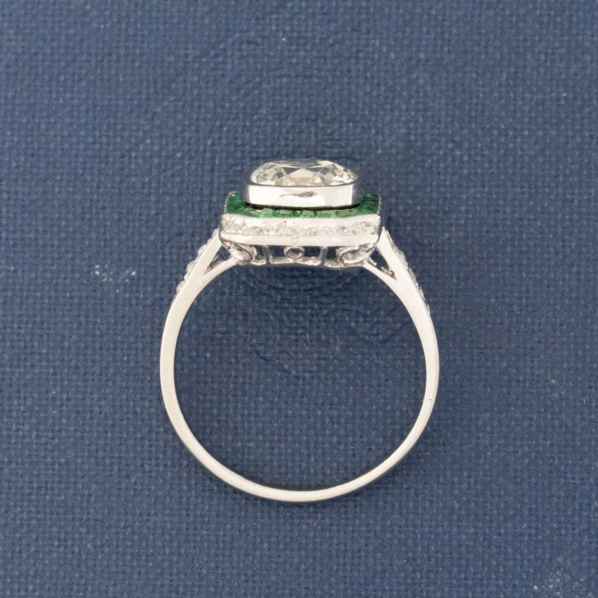 2.11ct Art Deco Old Mine Cut Diamond & Emerald Dinner Ring