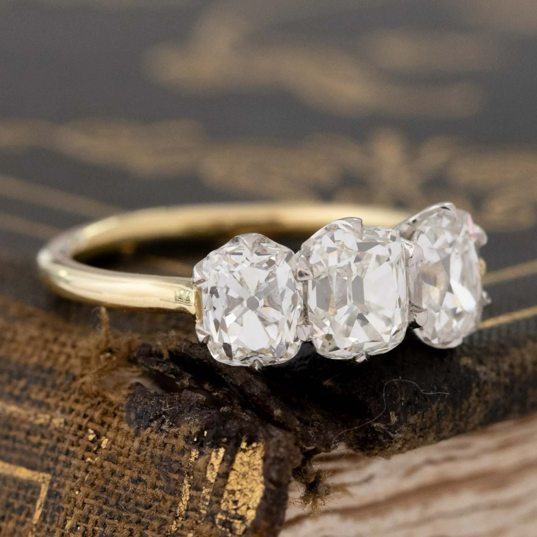 2.31ctw Old Mine Cut Diamond Trilogy Ring