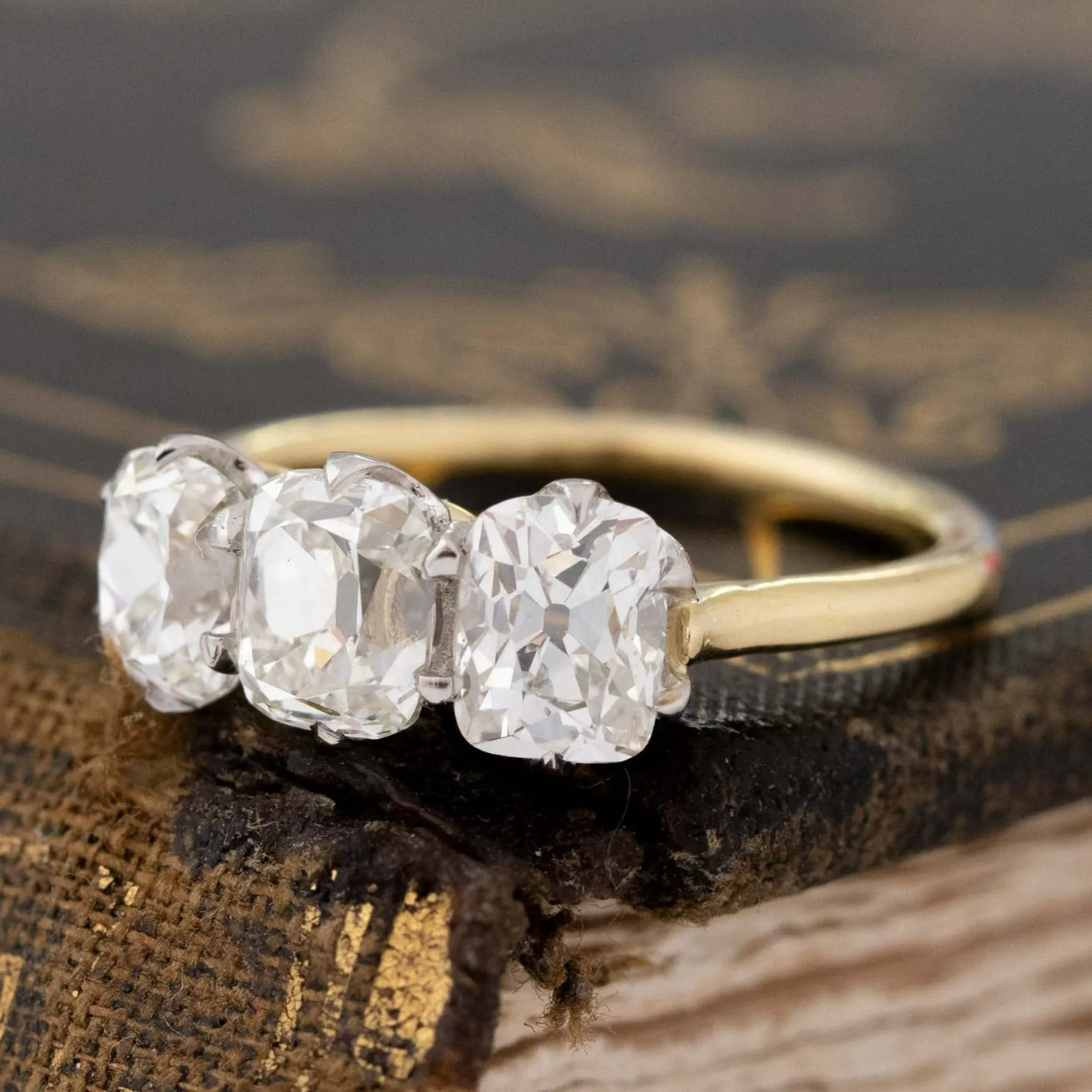 2.31ctw Old Mine Cut Diamond Trilogy Ring