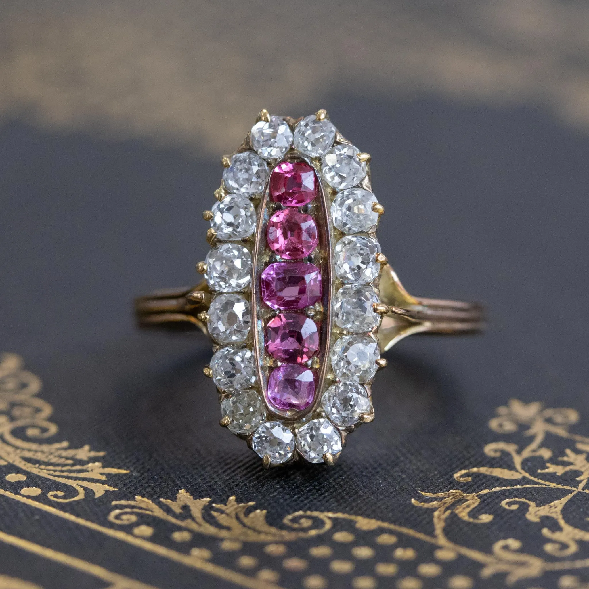2.45ctw Victorian Diamond and Sapphire Oval Cluster Dinner Ring
