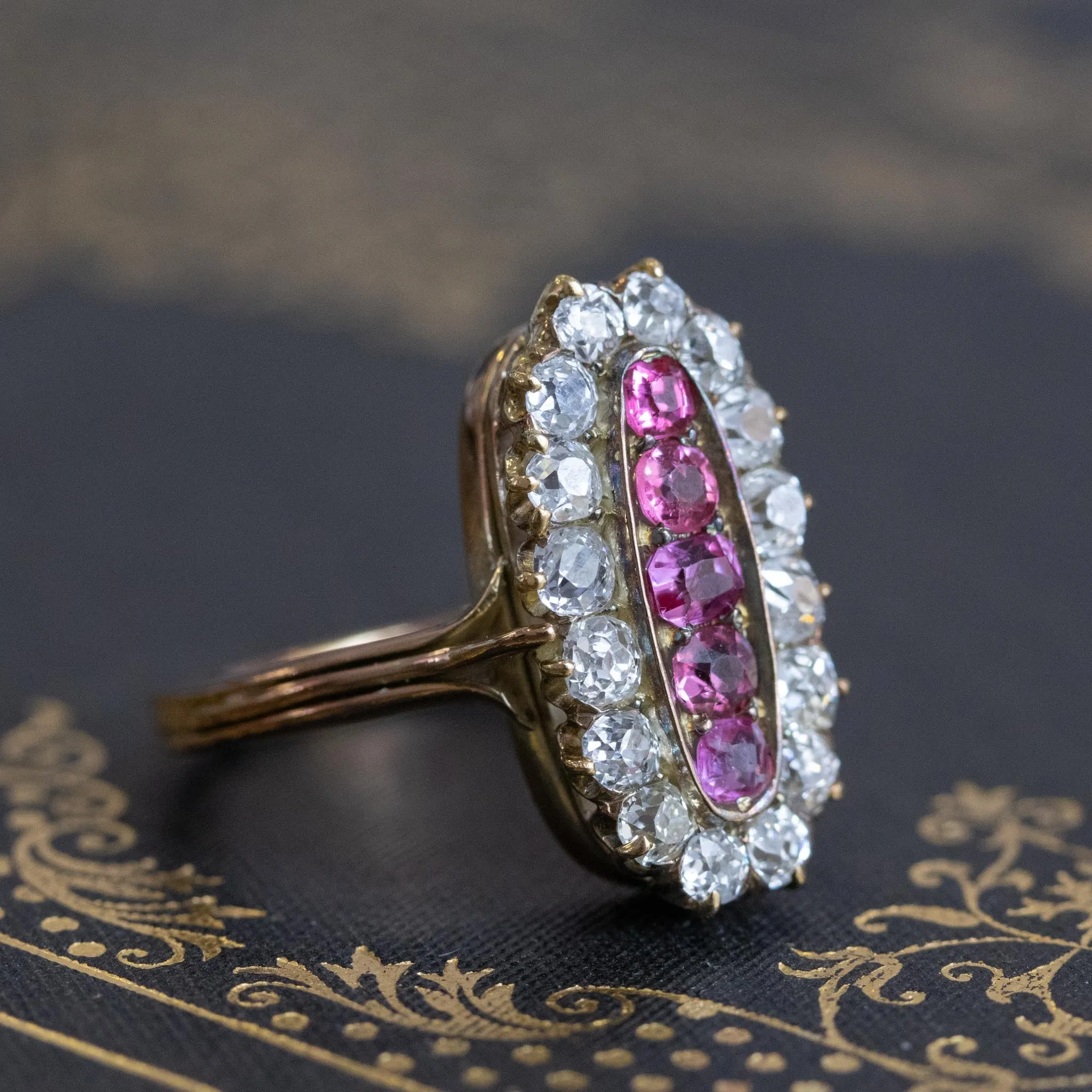 2.45ctw Victorian Diamond and Sapphire Oval Cluster Dinner Ring