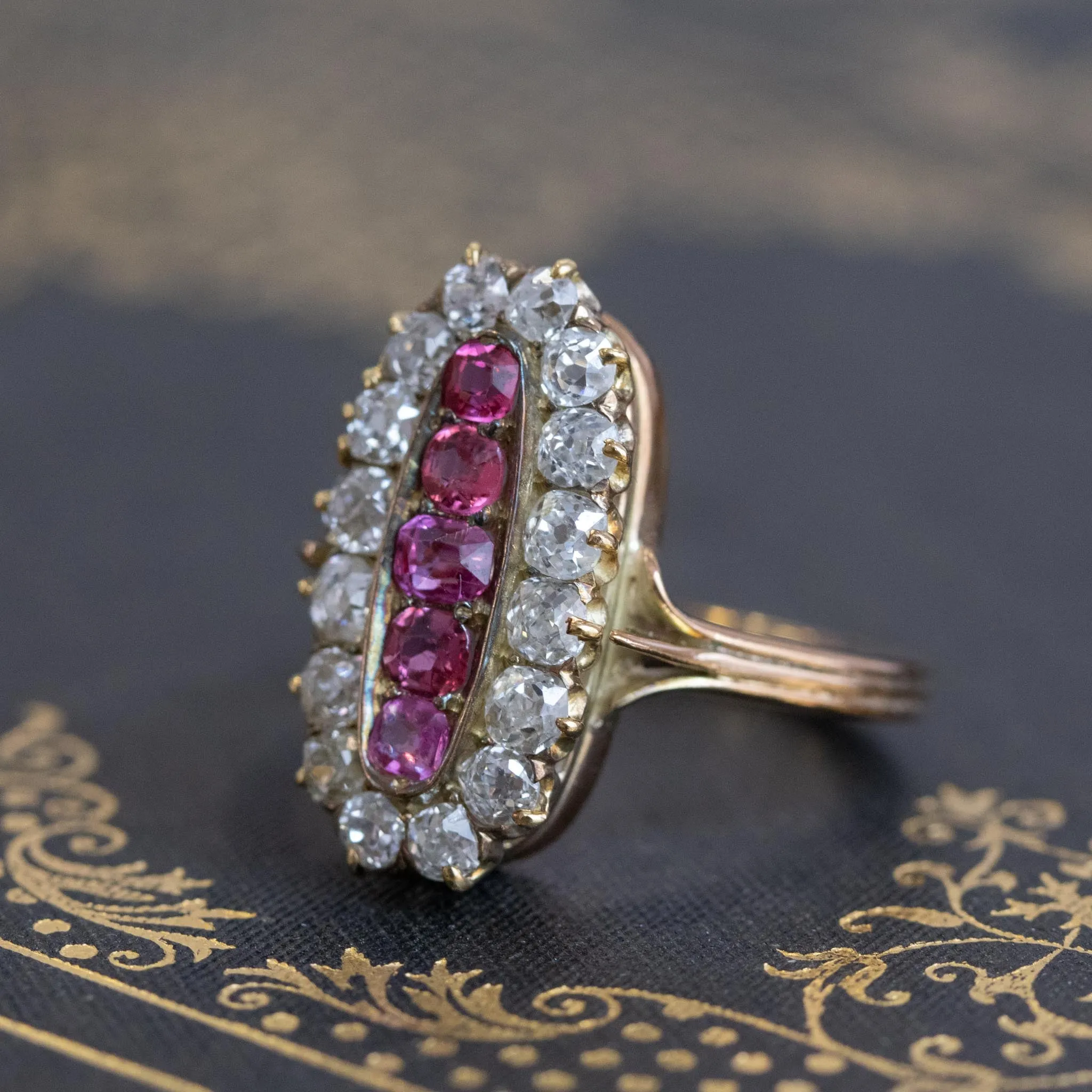 2.45ctw Victorian Diamond and Sapphire Oval Cluster Dinner Ring