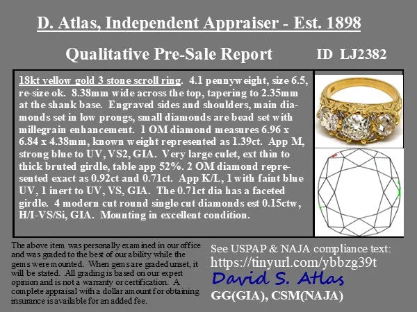 3.17ctw Victorian Revival Old Mine Cut Diamond Trilogy Ring