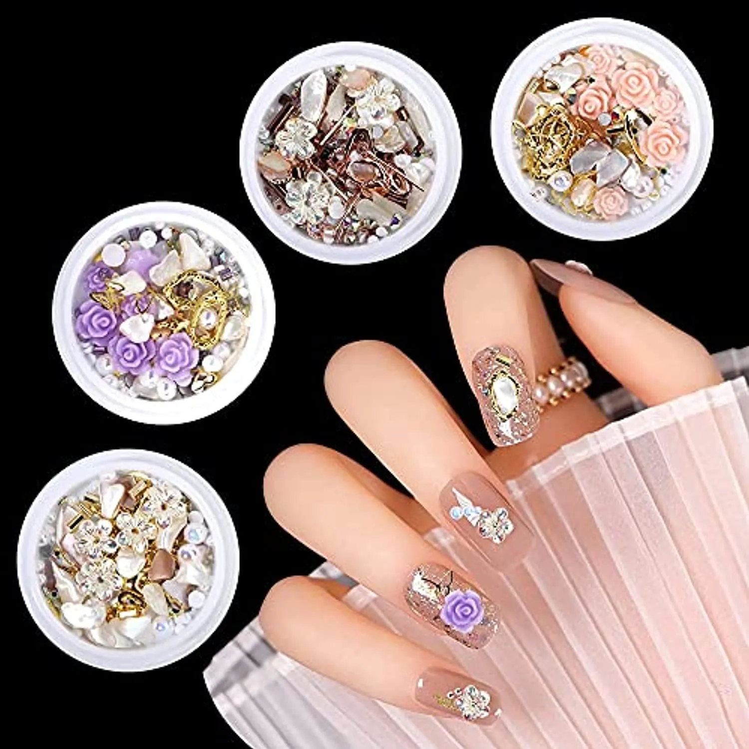 4 Boxes 3d Flowers for Nails, 3d Nail Charms for Acrylic Nails Pearl for Nail Art Decorations, Nail Accessories 3d Pearls Nail Rhinestones for Nails