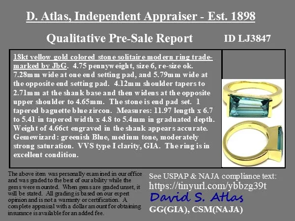 4.66ct Tapered Blue Zircon Half-Bezel Solitaire