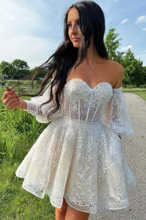 A Line Ivory Sweetheart Puff Sleeves Short Party Dress Sweet Homecoming Dress OK1505