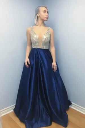 A-Line V-Neck Backless Sweep Train Dark Blue Satin Prom Dress with Beading L011