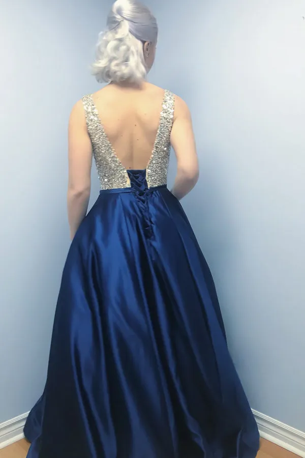 A-Line V-Neck Backless Sweep Train Dark Blue Satin Prom Dress with Beading L011