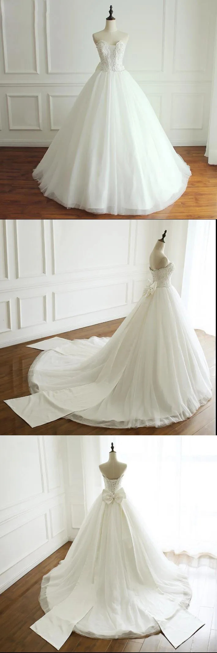 A-line White Ivory Elegant Weeding Dresses, Princess Summer Free Custom Bridal Gowns with Bow, WD0269