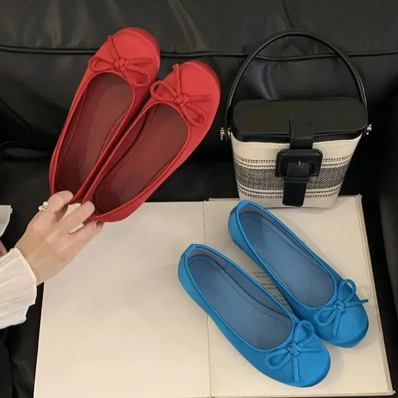 ADVBRIDGE  -  Red Ballet Flats Woman Round Toe Silk Bow Spring Shoes Blue Ladies Lazy Flat Comfortable Low Heel Pumps Zapatos De Mujer