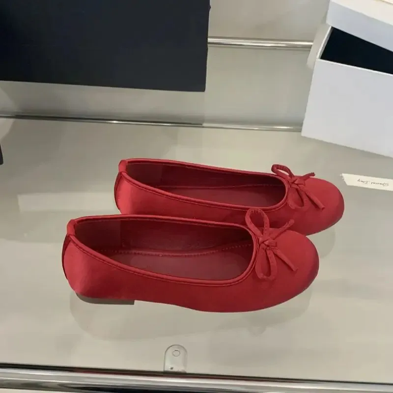 ADVBRIDGE  -  Red Ballet Flats Woman Round Toe Silk Bow Spring Shoes Blue Ladies Lazy Flat Comfortable Low Heel Pumps Zapatos De Mujer