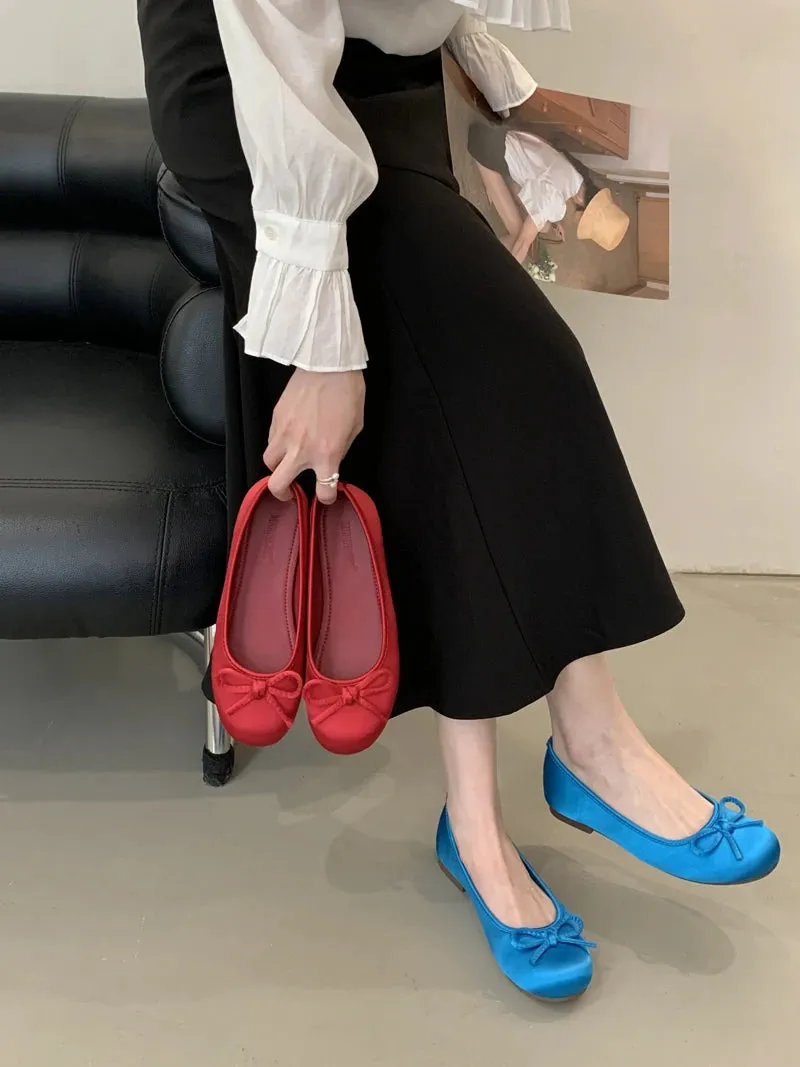ADVBRIDGE  -  Red Ballet Flats Woman Round Toe Silk Bow Spring Shoes Blue Ladies Lazy Flat Comfortable Low Heel Pumps Zapatos De Mujer