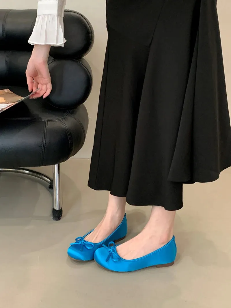 ADVBRIDGE  -  Red Ballet Flats Woman Round Toe Silk Bow Spring Shoes Blue Ladies Lazy Flat Comfortable Low Heel Pumps Zapatos De Mujer