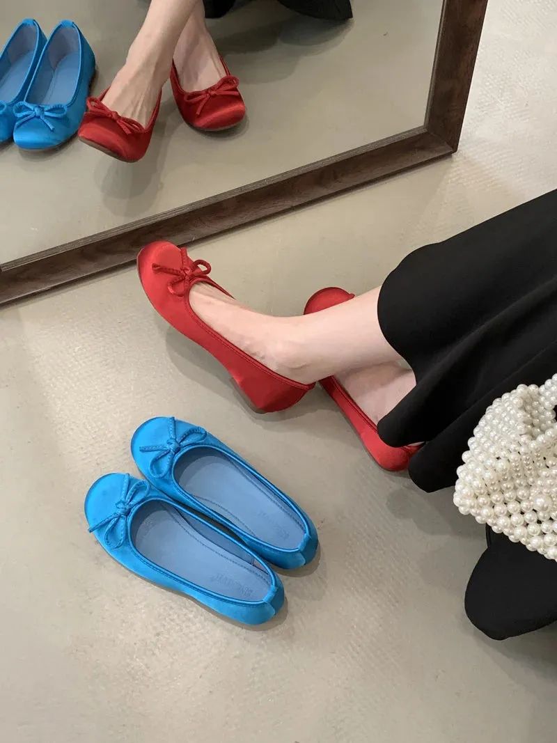 ADVBRIDGE  -  Red Ballet Flats Woman Round Toe Silk Bow Spring Shoes Blue Ladies Lazy Flat Comfortable Low Heel Pumps Zapatos De Mujer