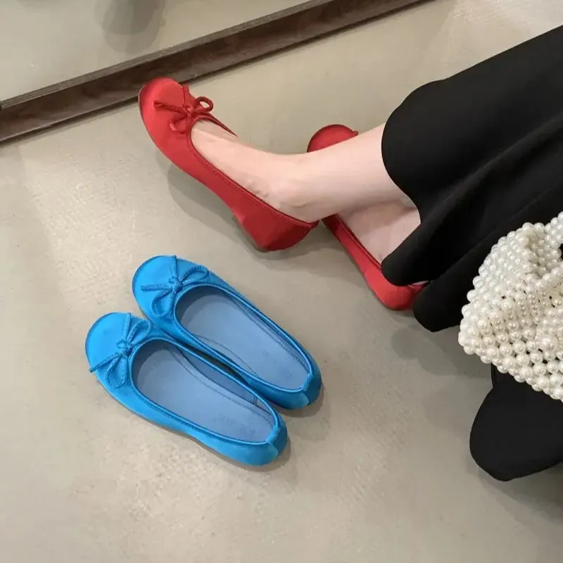 ADVBRIDGE  -  Red Ballet Flats Woman Round Toe Silk Bow Spring Shoes Blue Ladies Lazy Flat Comfortable Low Heel Pumps Zapatos De Mujer