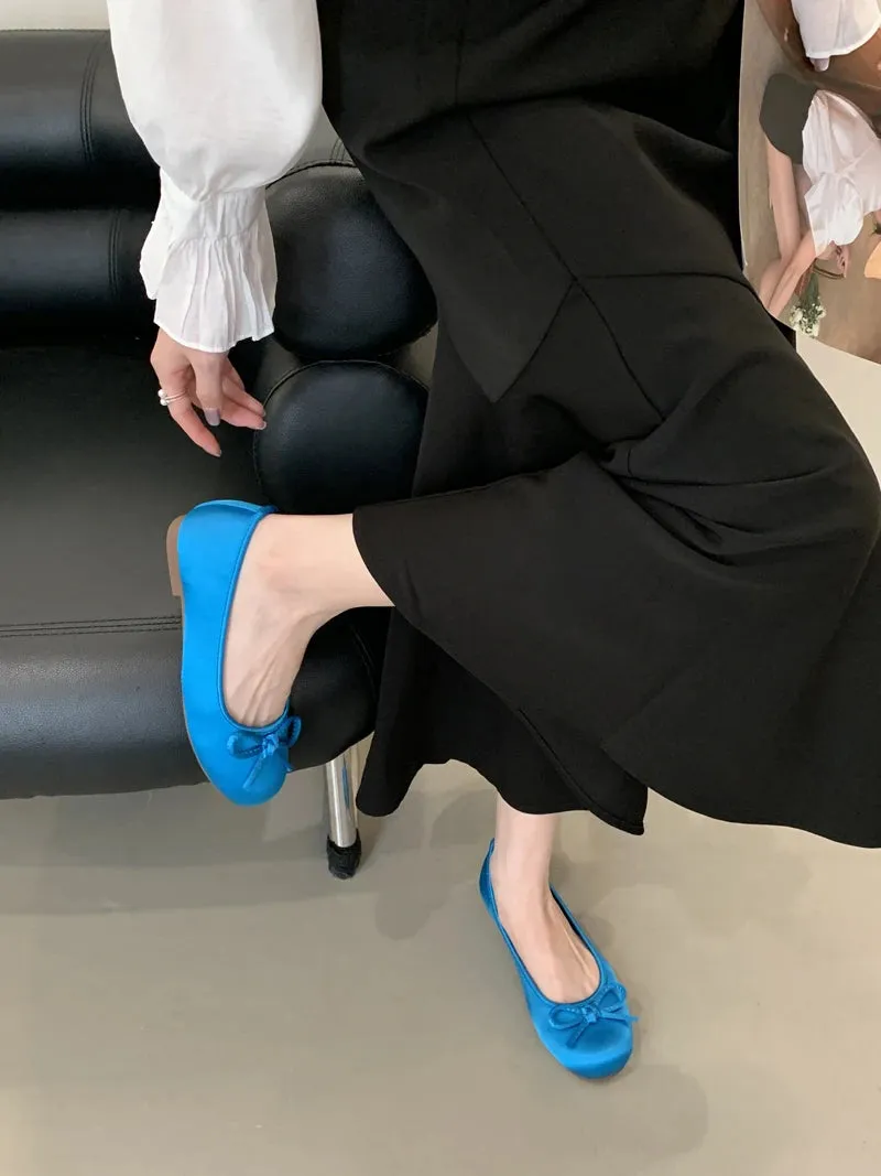 ADVBRIDGE  -  Red Ballet Flats Woman Round Toe Silk Bow Spring Shoes Blue Ladies Lazy Flat Comfortable Low Heel Pumps Zapatos De Mujer