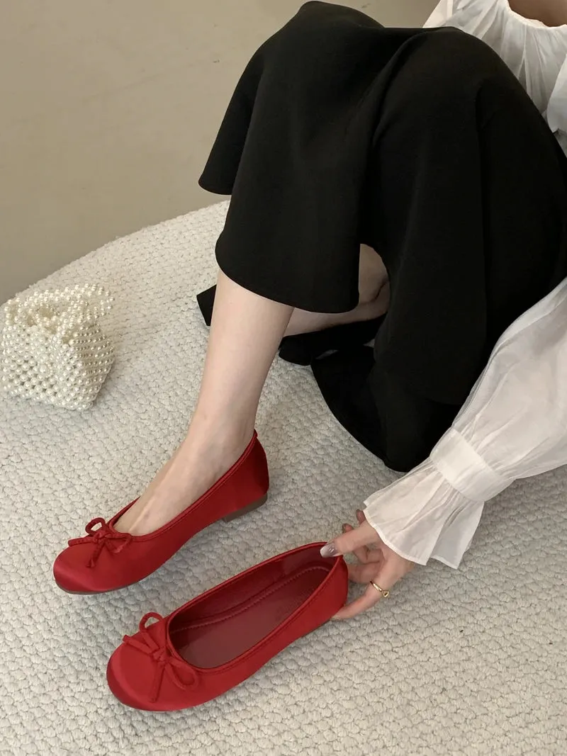 ADVBRIDGE  -  Red Ballet Flats Woman Round Toe Silk Bow Spring Shoes Blue Ladies Lazy Flat Comfortable Low Heel Pumps Zapatos De Mujer