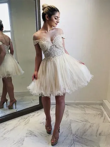 Anneprom A-line Off-the-shoulder Homecoming Dresses Lace Short Prom Dress Cocktail Dress APH0082