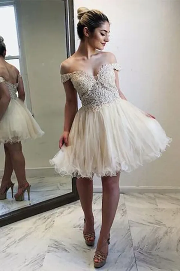 Anneprom A-line Off-the-shoulder Homecoming Dresses Lace Short Prom Dress Cocktail Dress APH0082