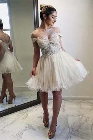 Anneprom A-line Off-the-shoulder Homecoming Dresses Lace Short Prom Dress Cocktail Dress APH0082