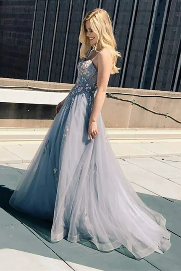 Anneprom New A line Spaghetti Straps Grey Tulle Prom Dresses APP0520