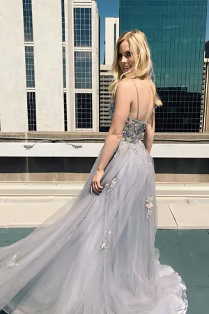 Anneprom New A line Spaghetti Straps Grey Tulle Prom Dresses APP0520