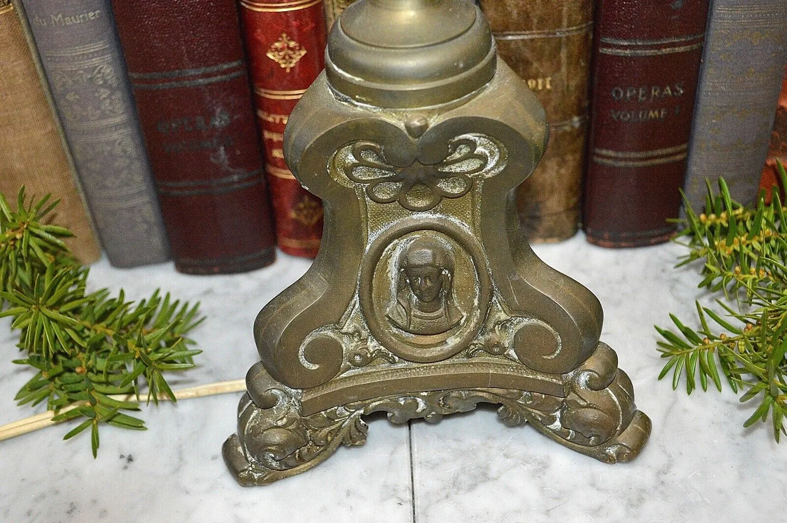 Antique French Bronze Altar Candlestick Lamp Double Socket Jesus Mary Joseph