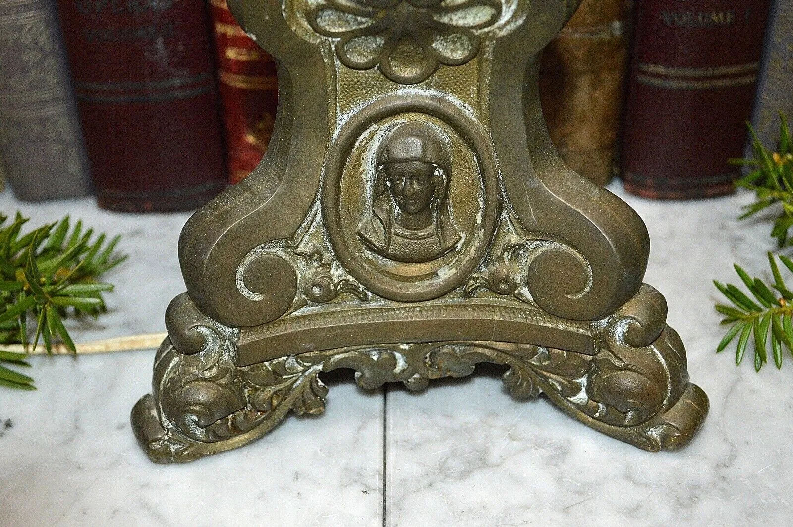 Antique French Bronze Altar Candlestick Lamp Double Socket Jesus Mary Joseph