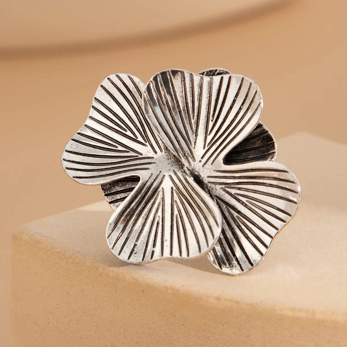 Antique Gold Silver Tone Chunky Textured Flower Ring