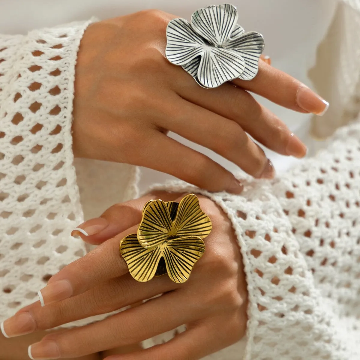 Antique Gold Silver Tone Chunky Textured Flower Ring