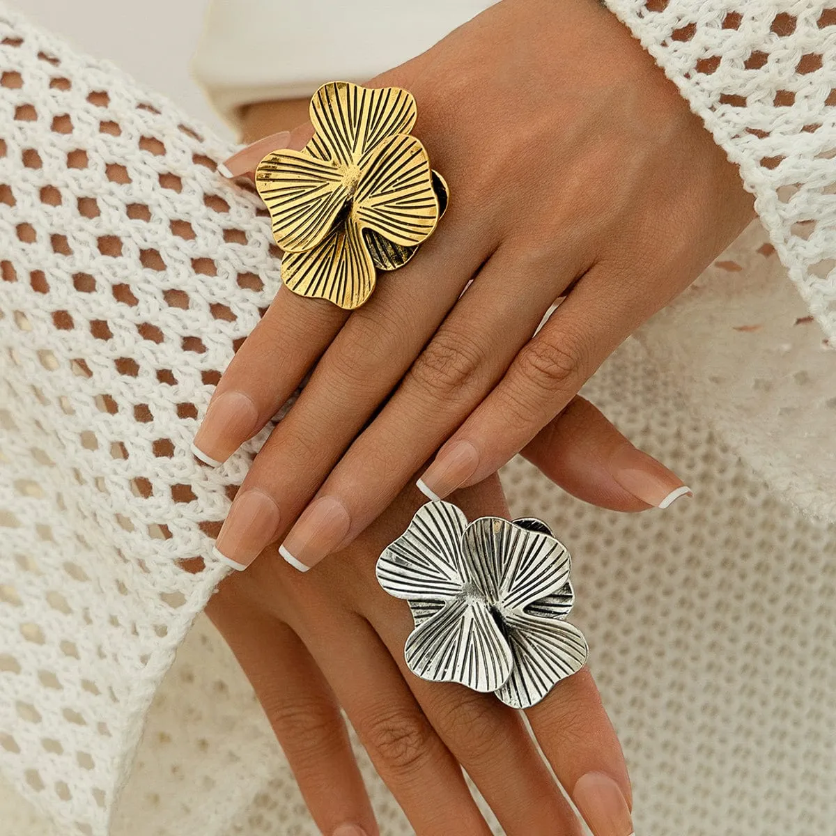Antique Gold Silver Tone Chunky Textured Flower Ring