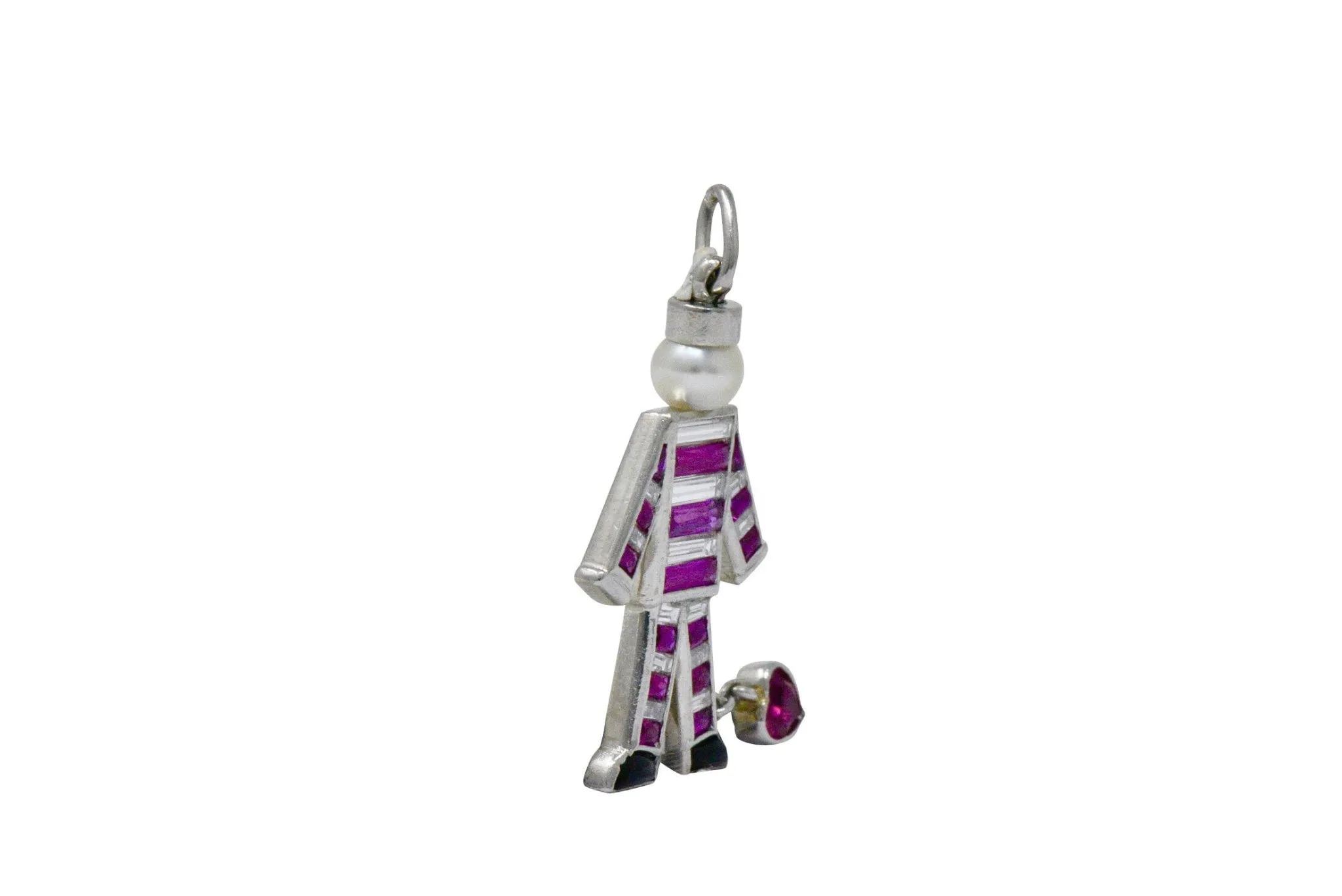 Art Deco  1.10 CTW Ruby Diamond Cultured Pearl Onyx "Prisoner of Love" Charm