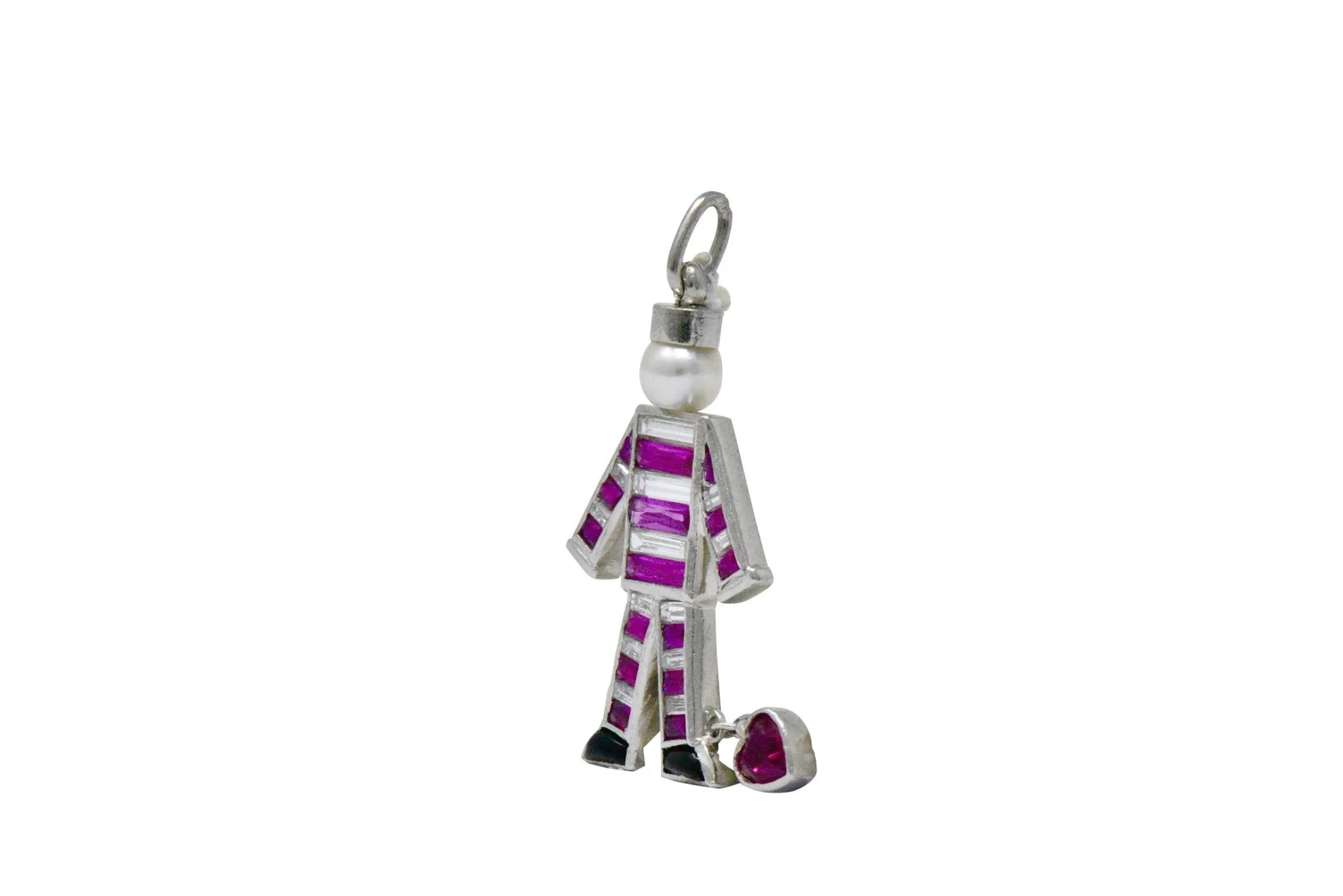 Art Deco  1.10 CTW Ruby Diamond Cultured Pearl Onyx "Prisoner of Love" Charm