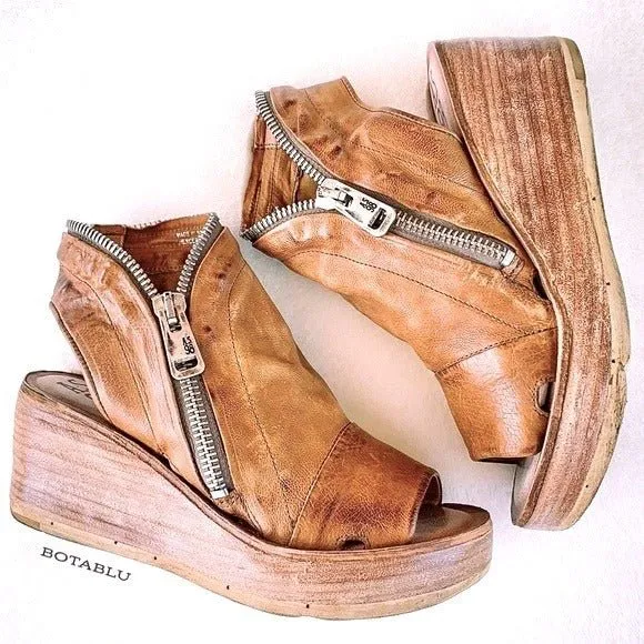 A.S.98 Naylor Wedge Platform Camel Tan Leather Zippered Sandals