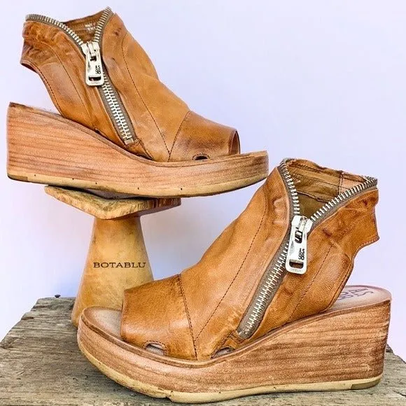 A.S.98 Naylor Wedge Platform Camel Tan Leather Zippered Sandals
