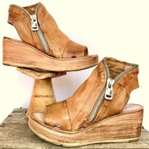 A.S.98 Naylor Wedge Platform Camel Tan Leather Zippered Sandals