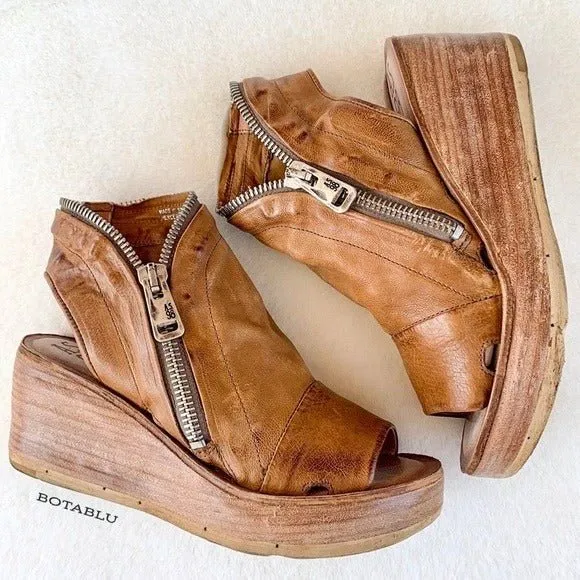 A.S.98 Naylor Wedge Platform Camel Tan Leather Zippered Sandals