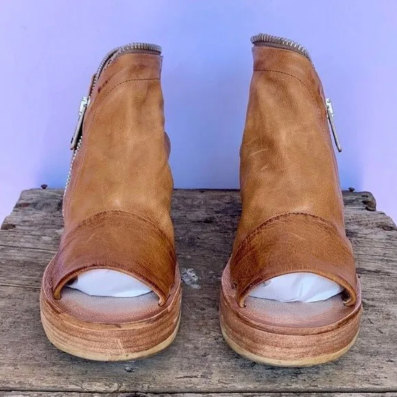 A.S.98 Naylor Wedge Platform Camel Tan Leather Zippered Sandals