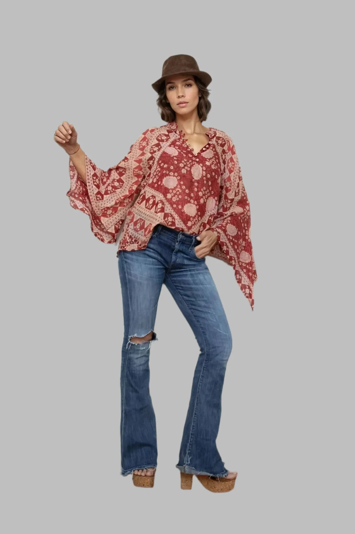 Audrey Printed Blouse Butterfly Sleeves Red
